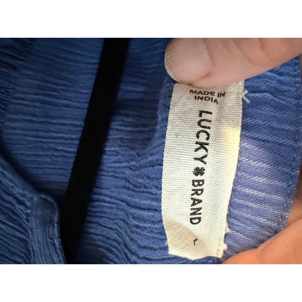 Lucky Brand Embroidered Peasant Top Blue L Womens Popover Boho Gauze Blouse - Picture 5 of 14